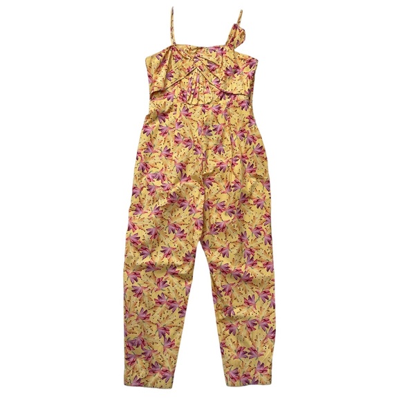 Farm Rio Banana Sunshine Bow Top Jumpsuit Strappy Yellow Boho Print Womens Large - Picture 4 of 16